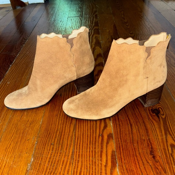 Lands End Tan Suede Womens High Heel Scalloped Ankle Booties - Picture 3 of 8